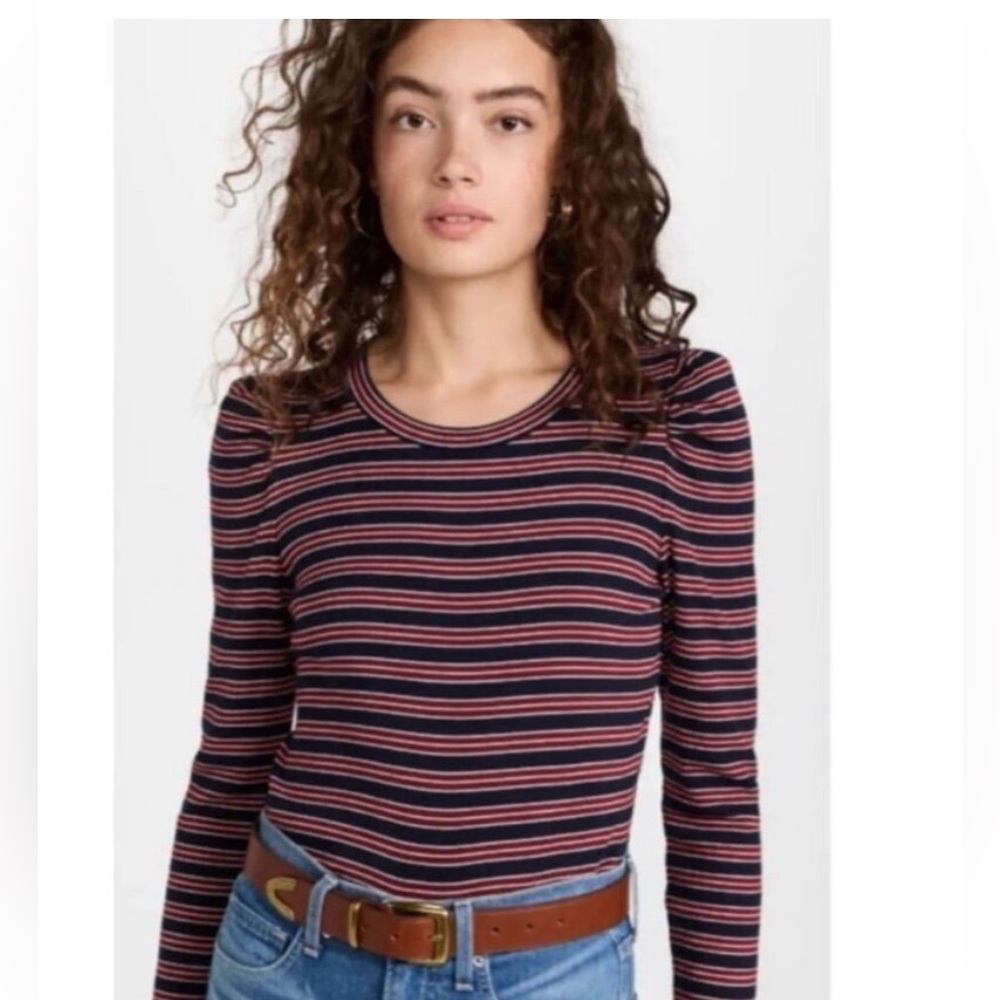 Veronica Beard Britney Striped Puff Sleeve Tee Size M